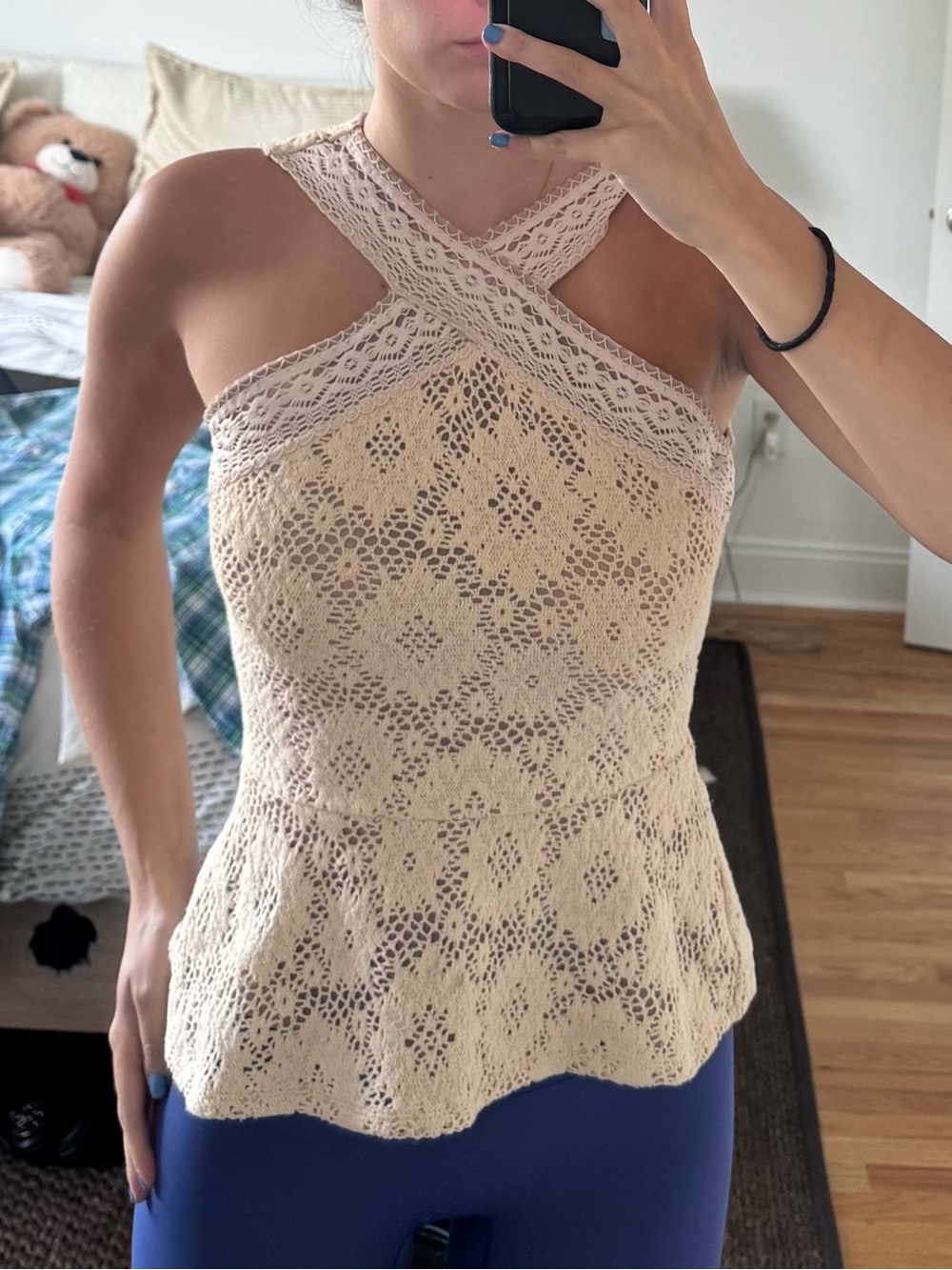 BCBGMAXAZRIA Beige Lace Peplum Halter Top XS